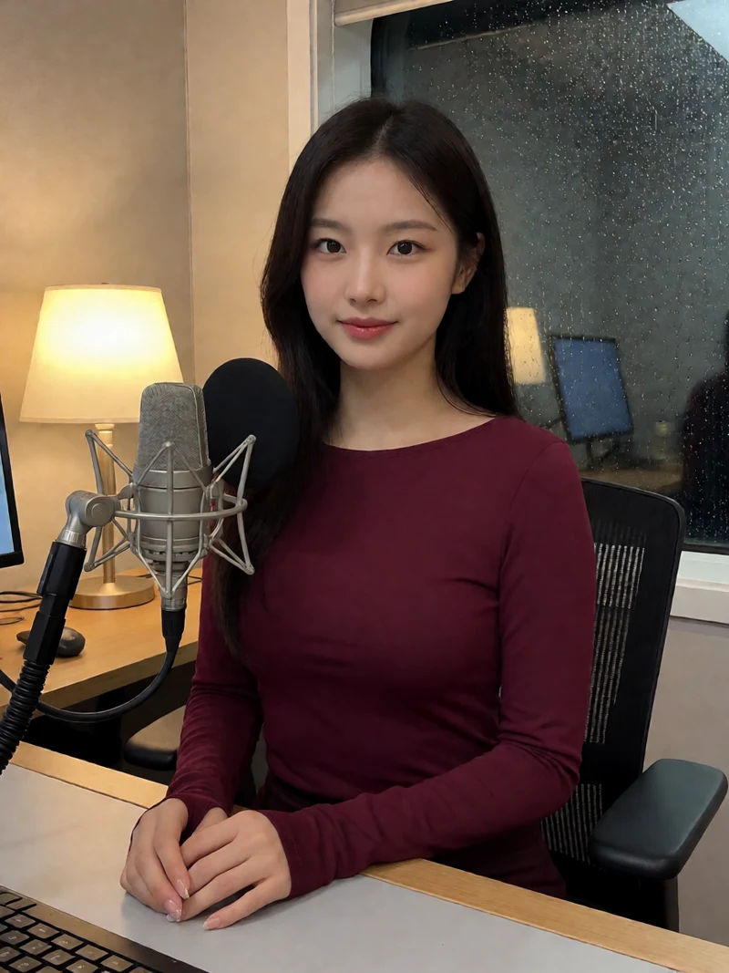 原创夜间人声图：成年女主播穿酒红上衣在雨窗旁的桌前对着麦克风说话
