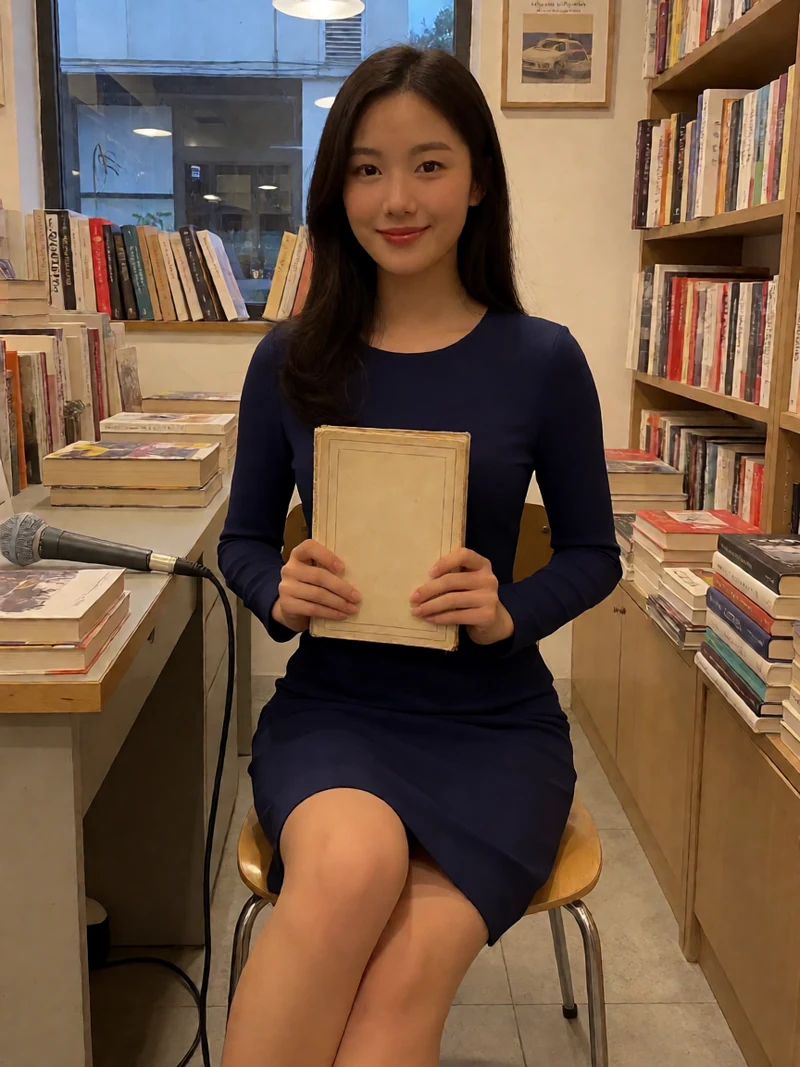原创角色音频图：成年女店长穿蓝色连衣裙坐在暖光书架前拿着一本旧书