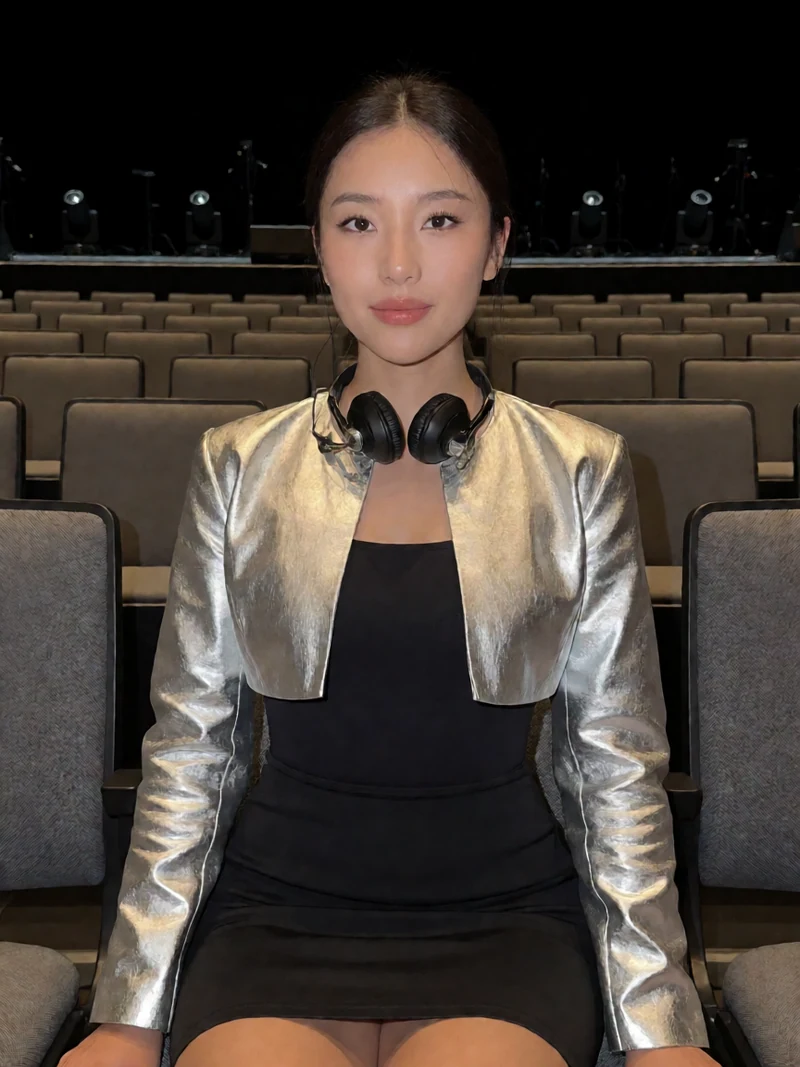 原创舞台音频图：成年女舞者穿不透明银色外套和黑色短裙坐在空剧场前排