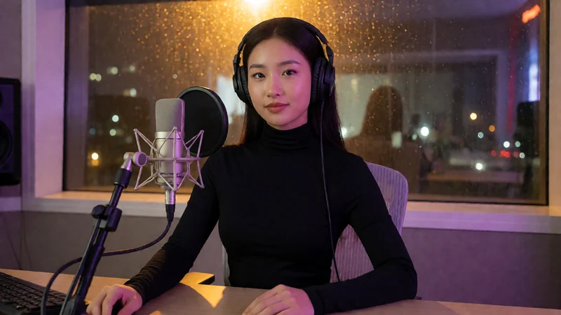 原创夜间音频主题图:成年女性在柔和灯光下戴耳机坐在麦克风前,窗外是城市夜景